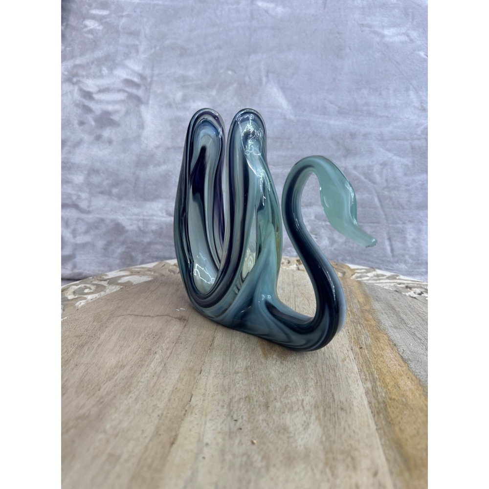 Vintage‎ Art Glass Swan Figurine Navy Blue Teal Swirl Napkin Letter Holder 6.5in